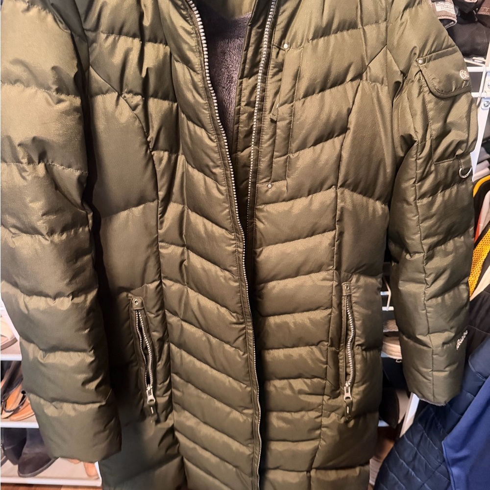 Eddie Bauer Olive Green Quilted Long Puffer Jacket